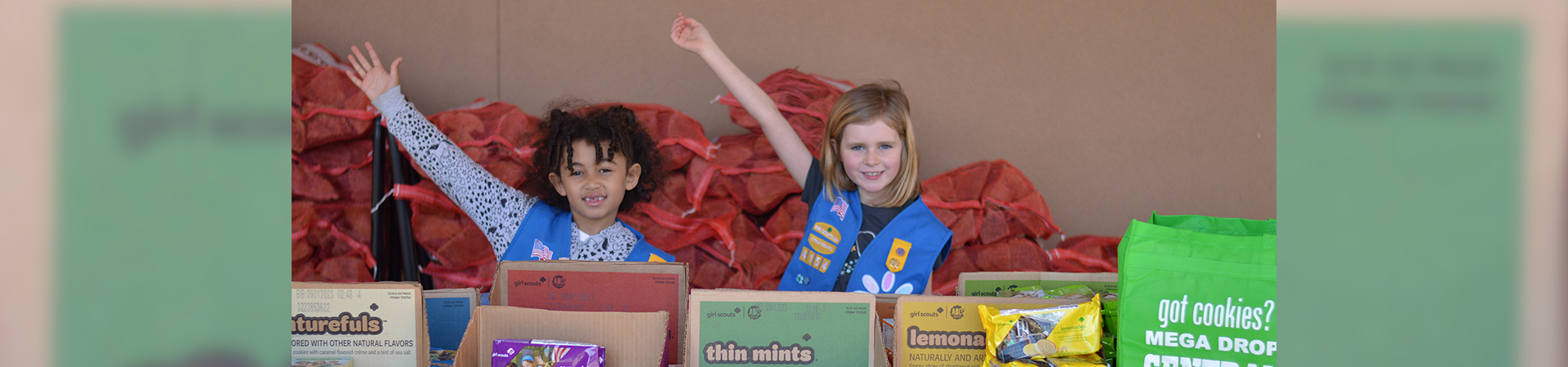  girl scout wearing uniform sash putting trefoil girl scout cookie boxes into cookie transport bag 